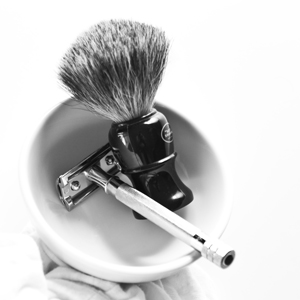 Razor, shaving brush, and bowling